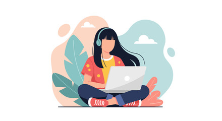 Young woman in headphones sitting cross-legged, focused on her laptop. Ideal for concepts of remote work, online learning, digital nomad lifestyle, productivity, and modern communication.