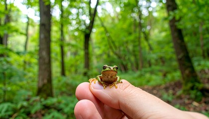 Tiny green frog on a finger, forest background