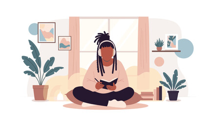 Fototapeta premium Young person with dreadlocks relaxing at home, sitting cross-legged with headphones, reading a book in a cozy, bright room. Embracing comfort and personal well-being.