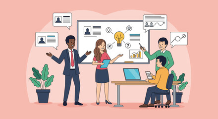 Diverse business team collaborates, brainstorming new ideas and analyzing data in a dynamic office meeting. Perfect for corporate strategy and innovation concepts.