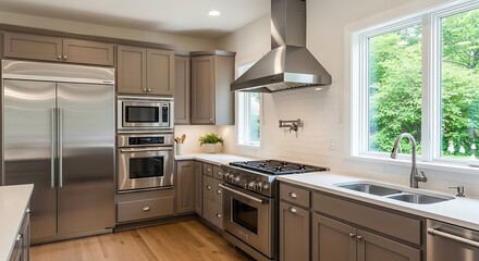 Fototapeta premium Modern Kitchen Interior: A bright and airy kitchen features modern stainless steel appliances, elegant wooden cabinetry and an abundance of natural light through large windows.