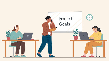 Diverse team members working diligently on laptops and discussing 'Project Goals' in a collaborative office environment. Represents teamwork, productivity, and business success.