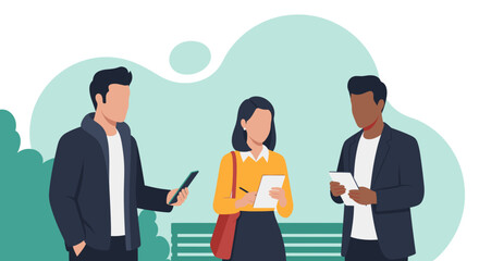 Diverse people in a park communicating and working with digital devices and notepad. Concept of modern information exchange, team collaboration, or survey.