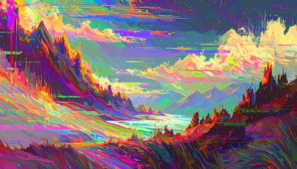 Vibrant, surreal landscape with glitch art