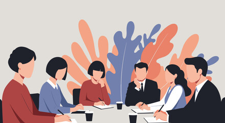 A diverse group of professionals actively participates in a productive business meeting, collaborating on new ideas and strategic planning in a modern office setting.