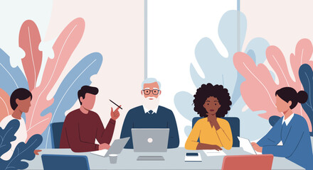 Diverse professionals collaborate in a modern office meeting, discussing strategies and ideas with laptops and documents on a sleek conference table.