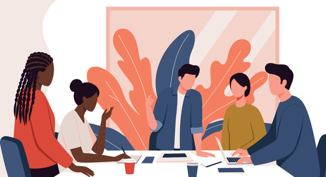 A diverse team of professionals collaborates in a modern office setting, engaging in a productive meeting with innovative ideas.