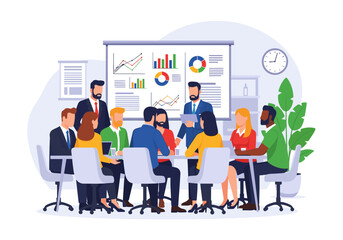 Fototapeta premium A diverse team of professionals collaborates in a modern office, analyzing data and discussing strategies during a productive business meeting.