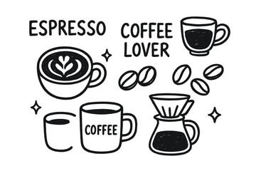 Coffee Lover Doodles. Coffee lover doodle set: hand drawn icons for espresso, latte art, beans, mugs, and brewing, isolated