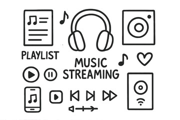 Music Streaming Icons. Music streaming doodle set: hand drawn icons for playlists, headphones, and audio devices, isolated