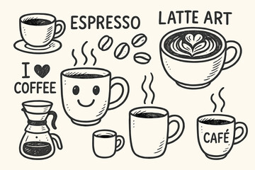 Coffee Lover Doodles. Coffee lover doodle set: hand drawn icons for espresso, latte art, beans, mugs, and brewing, isolated