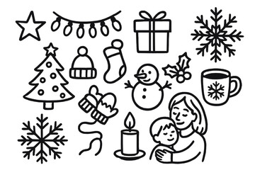 Winter Holiday Doodles. Winter holiday doodle set: hand drawn icons for seasonal cheer, lights, and family moments, isolated