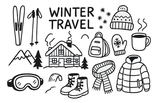 Winter Travel Icons. Winter travel doodle set: hand drawn icons for ski trips, cozy cabins, and cold weather packing, isolated