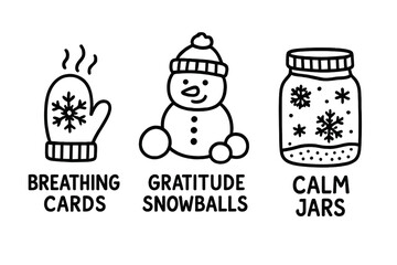 Winter Mindfulness Icons. Winter mindfulness activities doodle set: hand drawn icons for breathing cards, gratitude snowballs, and
