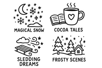 Winter Doodle Icons. Winter creative writing prompts doodle set: hand drawn icons for magical snow, cocoa tales, sledding dreams,