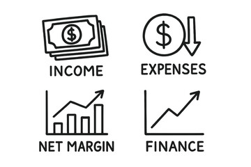 Finance Doodle Set. Profit and loss statement doodle set: hand drawn icons for income icons, expenses, net margins, and finance