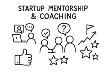 Startup Coaching Doodles. Startup mentorship and coaching doodle set: hand drawn icons for coaching calls, advice icons,