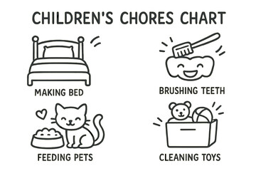 Chores Chart Doodles. Children’s chores chart doodle set: hand drawn icons for making bed, brushing teeth, feeding pets, and