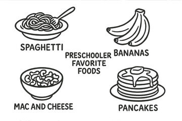 Preschooler Food Doodles. Preschooler favorite foods doodle set: hand drawn icons for spaghetti, bananas, mac and cheese, and