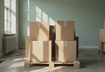 Stacked boxes on a pallet in a retail backroom, showcasing organization and storage
