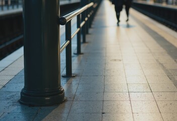 Metro platform column and rail with a blank marker for signage