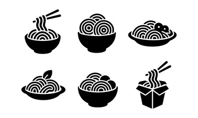 Assorted noodle bowl icons in bold silhouette style perfect for culinary design