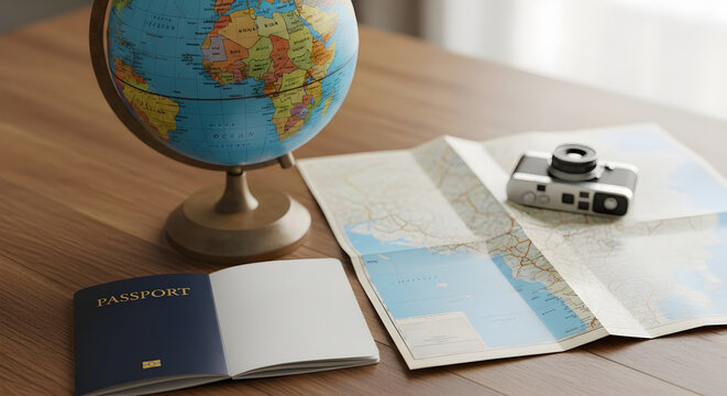 Travel essentials: passport map globe and camera.