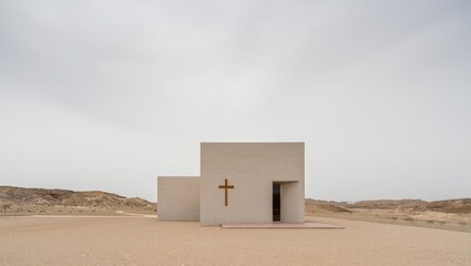 Desert Chapel with Cross - Minimalist Architecture in Arid Landscape