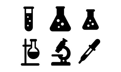 Science icons in flat silhouette style featuring lab equipment and tools