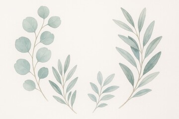 Delicate watercolor green leaves on white background