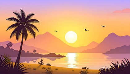 Tropical sunset scene depicting calm water, mountains, palm trees, and birds silhouetted against the sun