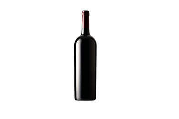 A bottle of red wine is sitting on a white background