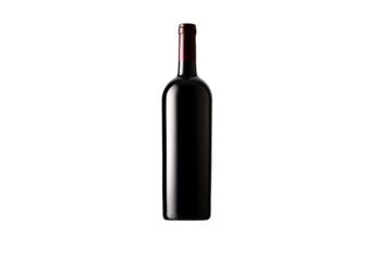 A bottle of red wine is sitting on a white background