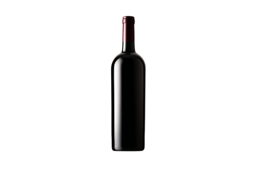 A bottle of red wine is sitting on a white background