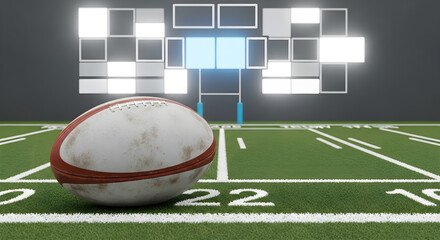 Rugby ball on the field ready for a game.