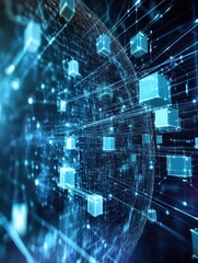 Digital network visualization showcasing interconnected data blocks in a futuristic environment with glowing elements and lines representing data flow in cyberspace