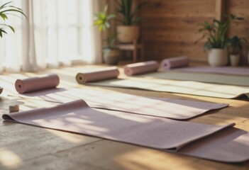 Organized fitness facility area with yoga mats and natural light