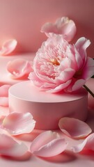 Pink peony cosmetic product background with luxury pedestal and copy space