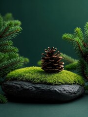 Moss covered stone with pine cone forest product background copy space