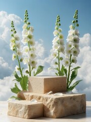 White flowers and natural stone pedestal product background with copy space