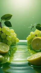 Fresh green grapes and citrus water background with copy space