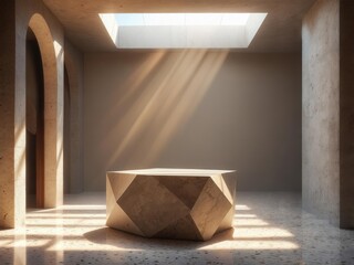 Luxury stone pedestal in minimalist architectural interior with copy space