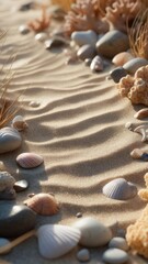 Sand beach background with seashells and copy space