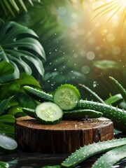 Cucumber and aloe vera cosmetic mockup on wooden pedestal, tropical spa background, copy space