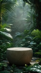 Stone pedestal in lush tropical rainforest with sunlight and jungle foliage, natural outdoor product scene with copy space