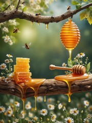 Honeycomb and bees with dripping honey on wood branch in wild chamomile meadow, natural outdoor product scene with copy space