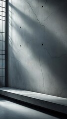 Concrete wall with sunlight grid shadows, minimal industrial interior texture with copy space