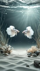 Underwater scene with white betta fish and empty sandy space for product mockup, dreamy ocean light rays