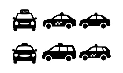 Taxi car silhouettes set in various styles and views