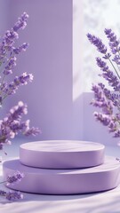 Lavender podium for product display with pastel background and blooming flowers, indoor minimalistic scene with copy space